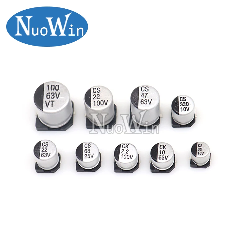 10 Uds condensador electrolítico de aluminio SMD 10V/16V/25V/35V/50V 0,47 UF 2,2 UF 10 UF 33 UF 68 UF 100 UF 220 UF 330 UF 470 UF 1000 UF