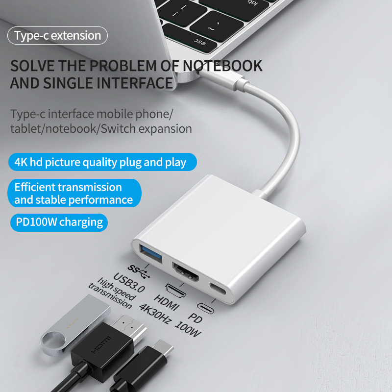 อะแดปเตอร์มัลติพอร์ต USB C ถึง HDMI, ฮับ Type-C 3-in-1 พร้อมเอาต์พุต Thunderbolt 3 ถึง HDMI 4K/พอร์ต USB 3.0/PD 100W พอร์ตชาร์จด่วน
