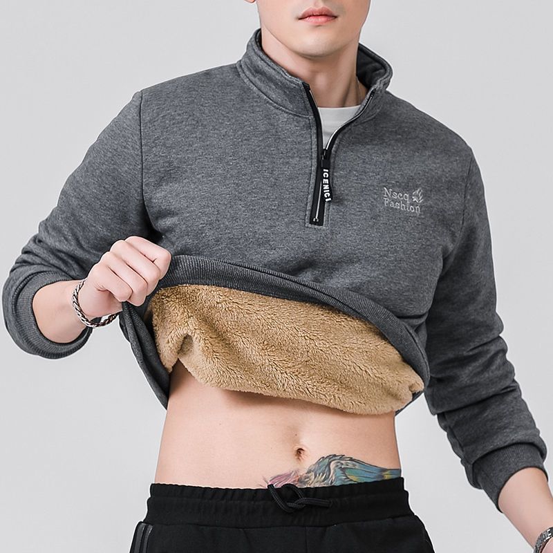 남성용 긴팔 양털 안감 따뜻한 맨투맨, 퓨어 컬러 쿼터 지퍼 맨투맨, 두꺼운 플러스 사이즈 L-7XL, 겨울 맨투맨