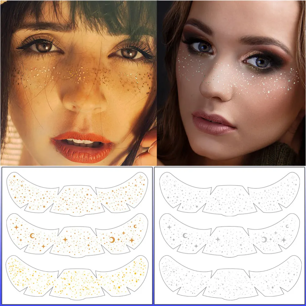 6 Stück Sommersprossen-Tattoo-Aufkleber, Gold, Silber, metallisch, temporäre Tattoo-Aufkleber für Frauen, glitzernde Gesichtsaufkleber für Musikfestival