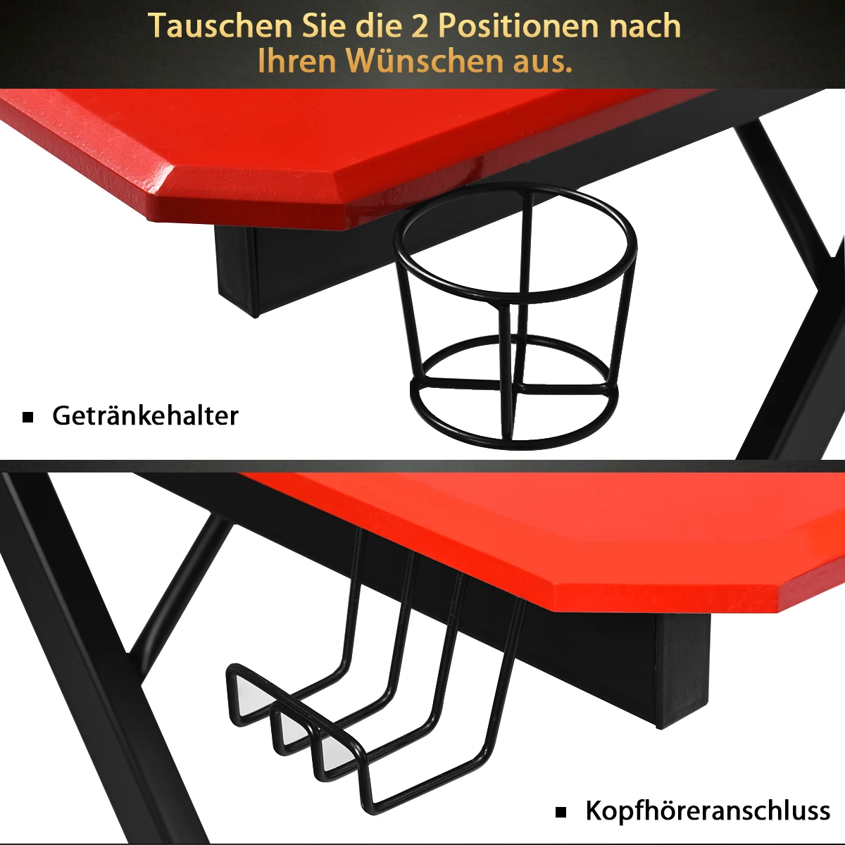 Z-förmige Gaming Tisch, Computertisch, PC Tisch mit Becherhalter, Kopfhörerhaken und Boxenständern, Schreibtisch für Zuhause