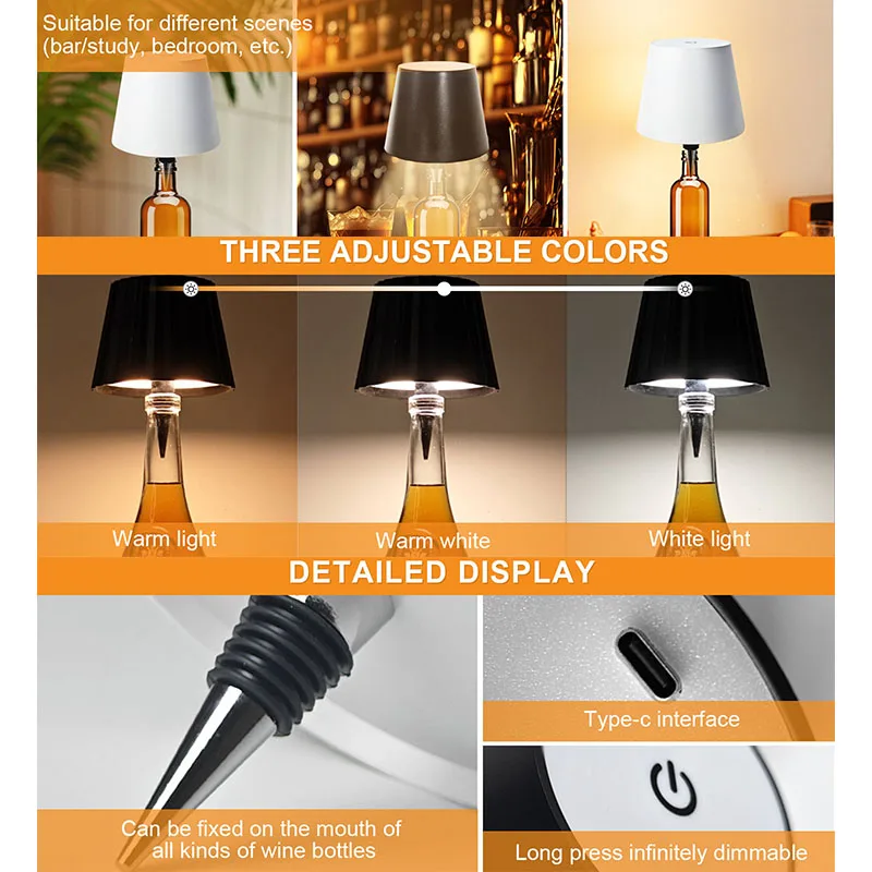 Lámpara de botella regulable de 3 colores, lámpara de mesa LED, lámpara de noche recargable, atenuación continua para fiestas, bares, botellas de vino, restaurantes