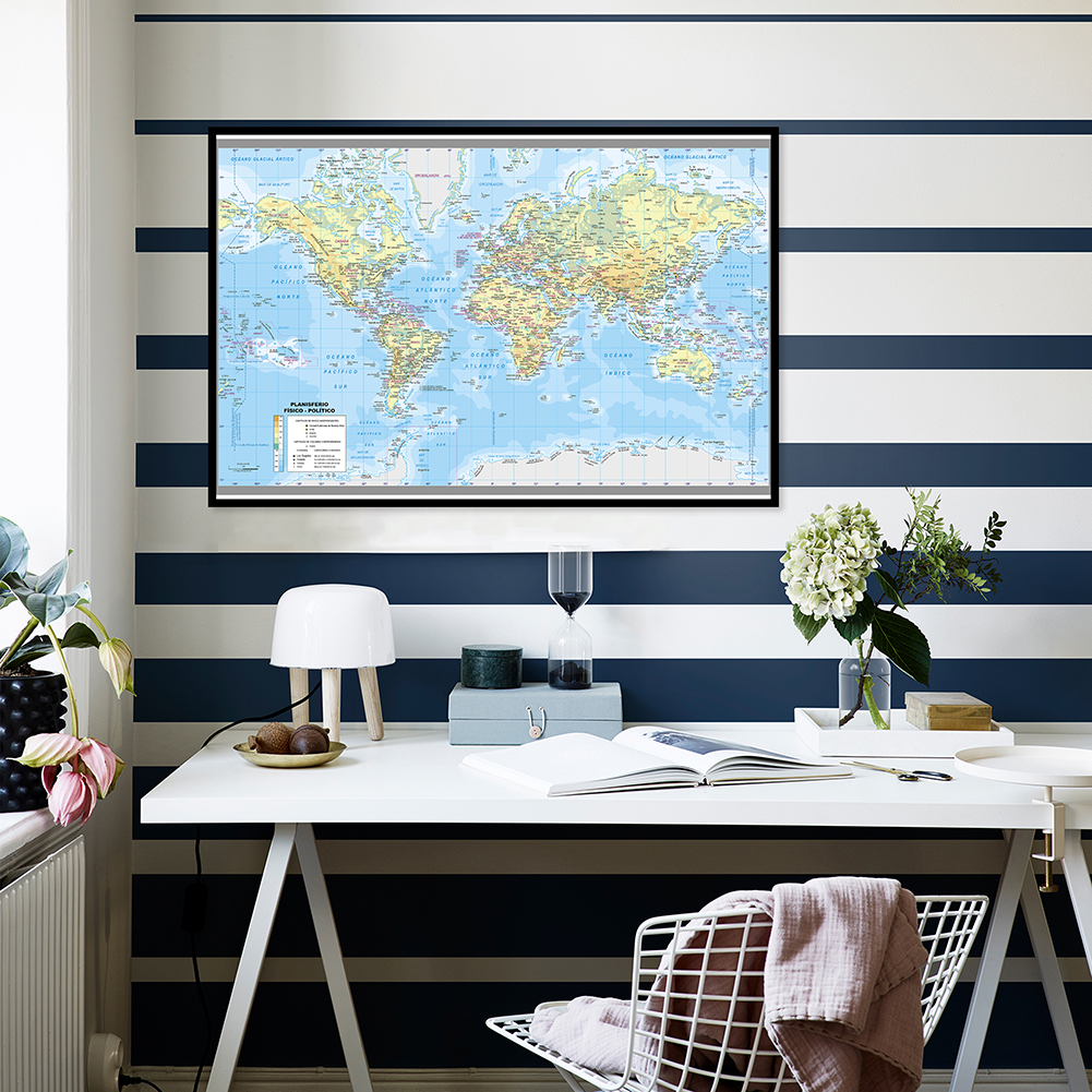La mappa del mondo in spagnolo Sfondo decorativo in vinile Decorazione da parete Stampa su tela Camera da letto Ufficio Scuola Materiale didattico 59x42 cm