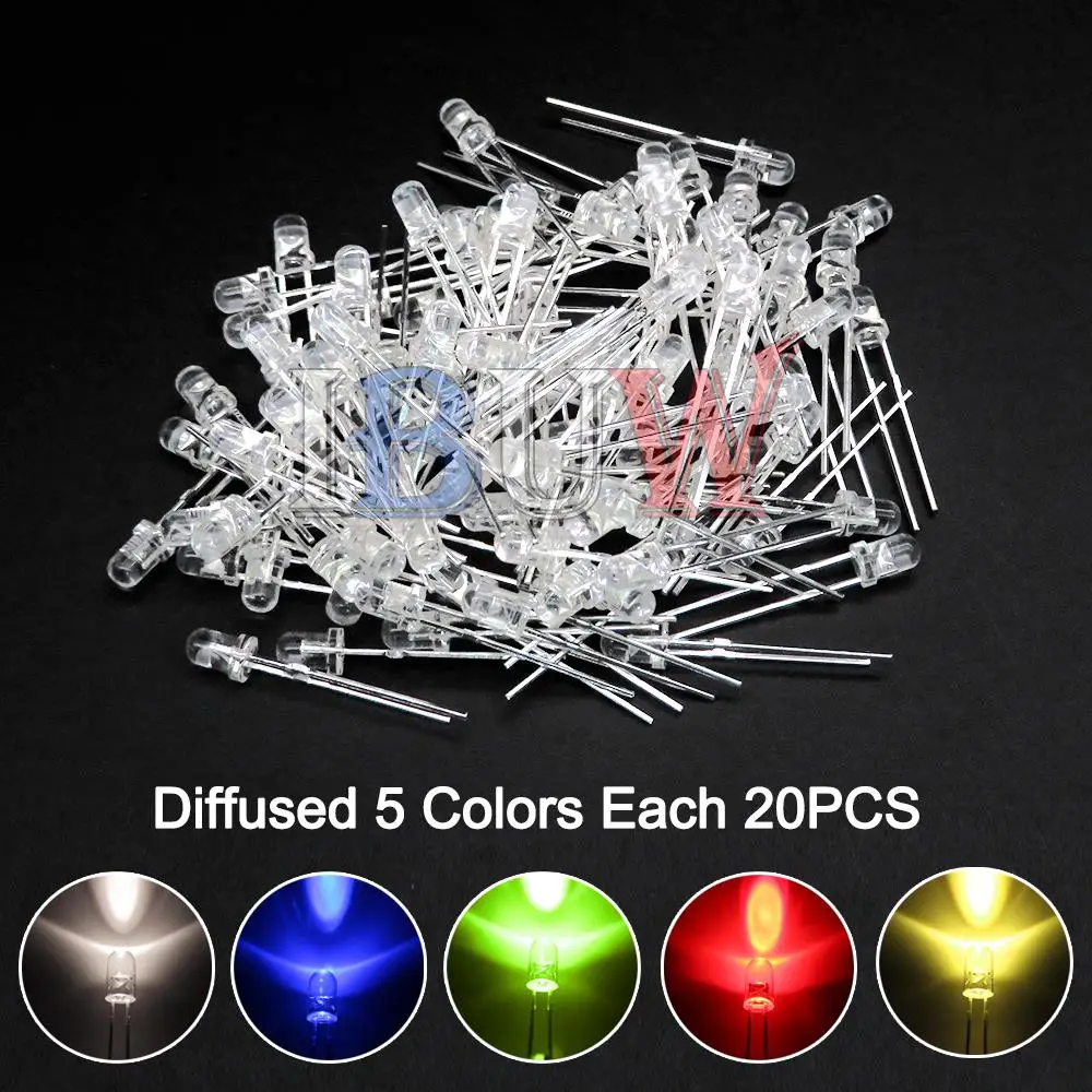 PULAR 100개 3mm LED 다이오드 F3 혼합 키트 노랑 주황 흰색 녹색 빨강 파랑 분홍 보라색 따뜻한 흰색 DIY 발광 다이오드