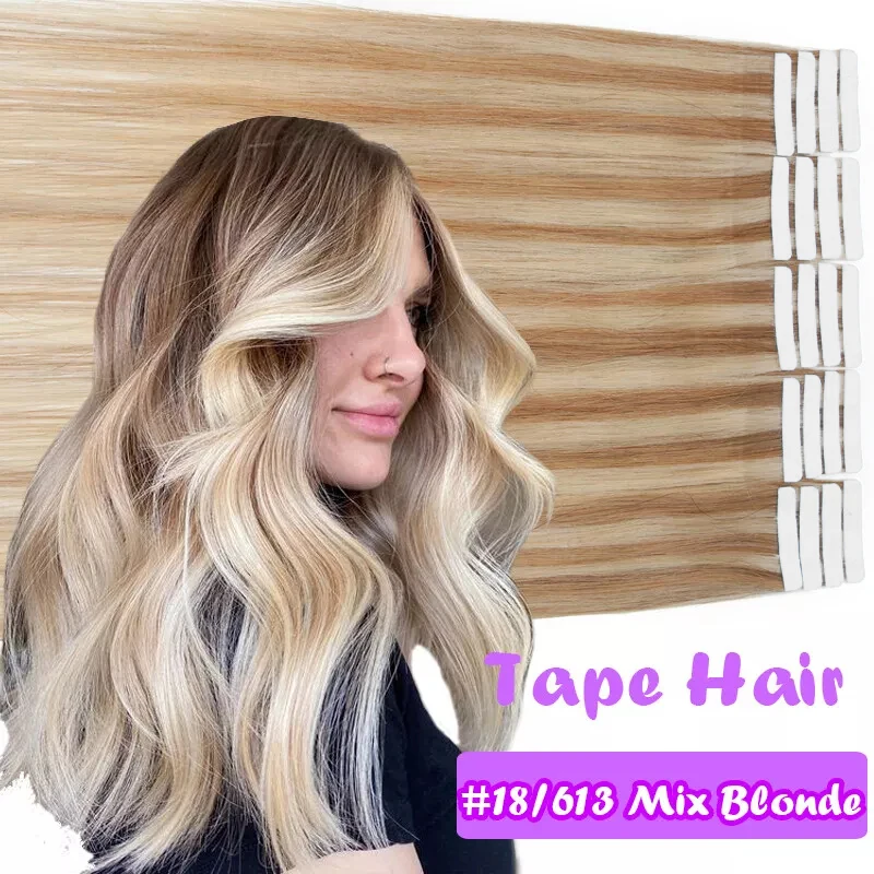 Fita reta de cabelo humano real em extensões dupla face para fita de trama da pele em extensões de cabelo 20 pçs extensões de cabelo sem costura