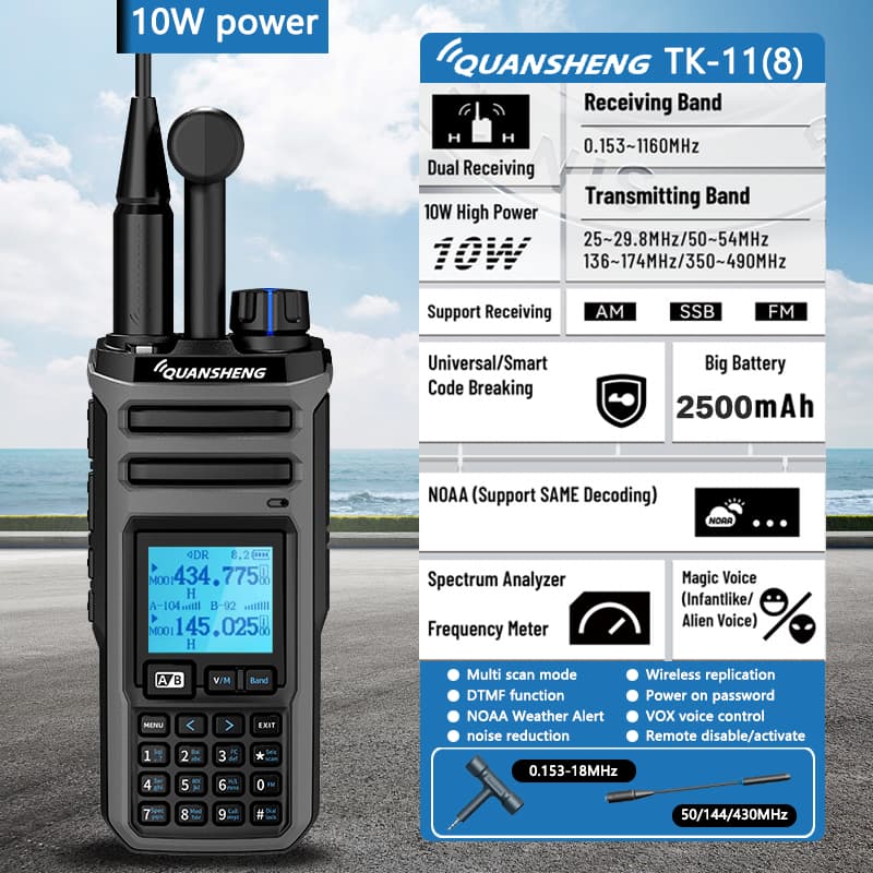 ​ Quansheng TK-11(5) 10W VHF/UHF Radio de doble banda 999CH CTCSS/DCS IP55 2500mAh tipo C NOAA alarma meteorológica CE