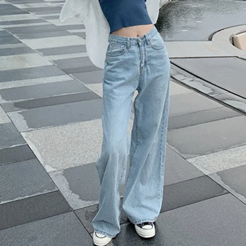 Neue Design Sinn frauen Lose Denim Hosen Retro Gerade Bein Hosen Modische Einfarbig Lose Beiläufige Breite Bein Hosen