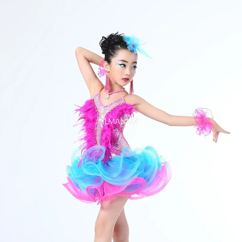 เด็ก Professional ชุดเต้นรําละตินสําหรับสาวการแข่งขันเต้นรําบอลรูมเลื่อม featherNew ฝอยชุดเต้นรําละติน