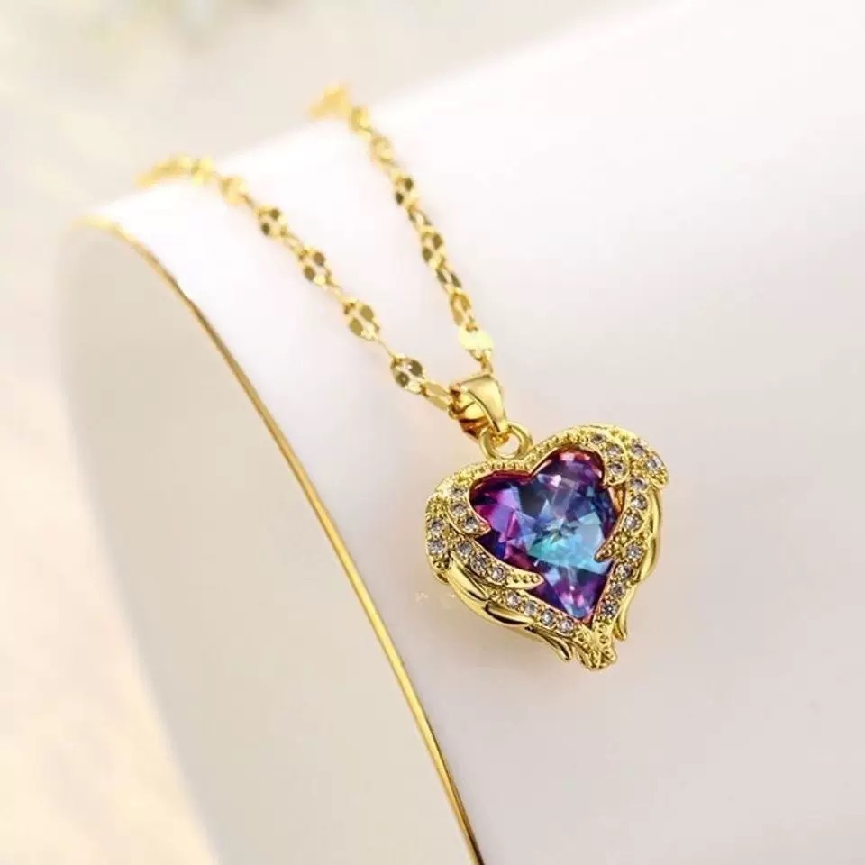 Iridescent Heart Necklace - Gold-Tone Alloy, Colorful Shimmering Heart Pendant, Cubic Zirconia Accents, Dainty Chain Fashion