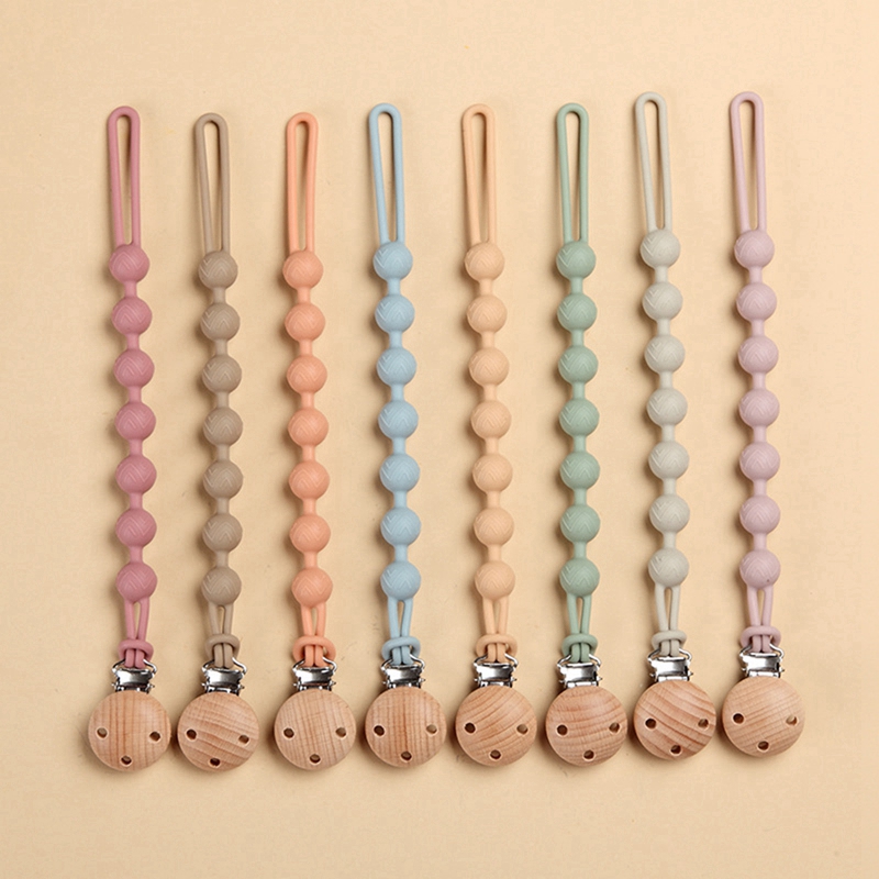 Clips para chupete de cuentas de madera de haya, soporte de cadena para chupete, cadenas para chupete para recién nacidos, soporte para pezones para bebés, juguete para la dentición, masticar para bebés