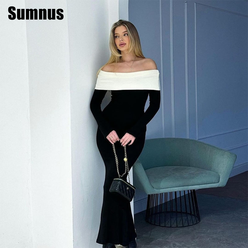Sumnus preto e branco sereia vestido de baile elegante fora do ombro vestidos de festa até o chão vestidos formais femininos personalizados