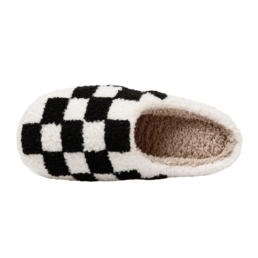 ใหม่ Fuzzy รองเท้าแตะแฟชั่น Checker เย็บปักถักร้อยในร่ม Houseshoes ผู้หญิงสบายฤดูหนาว Fluffy House Retro Checkered พิมพ์รองเท้า