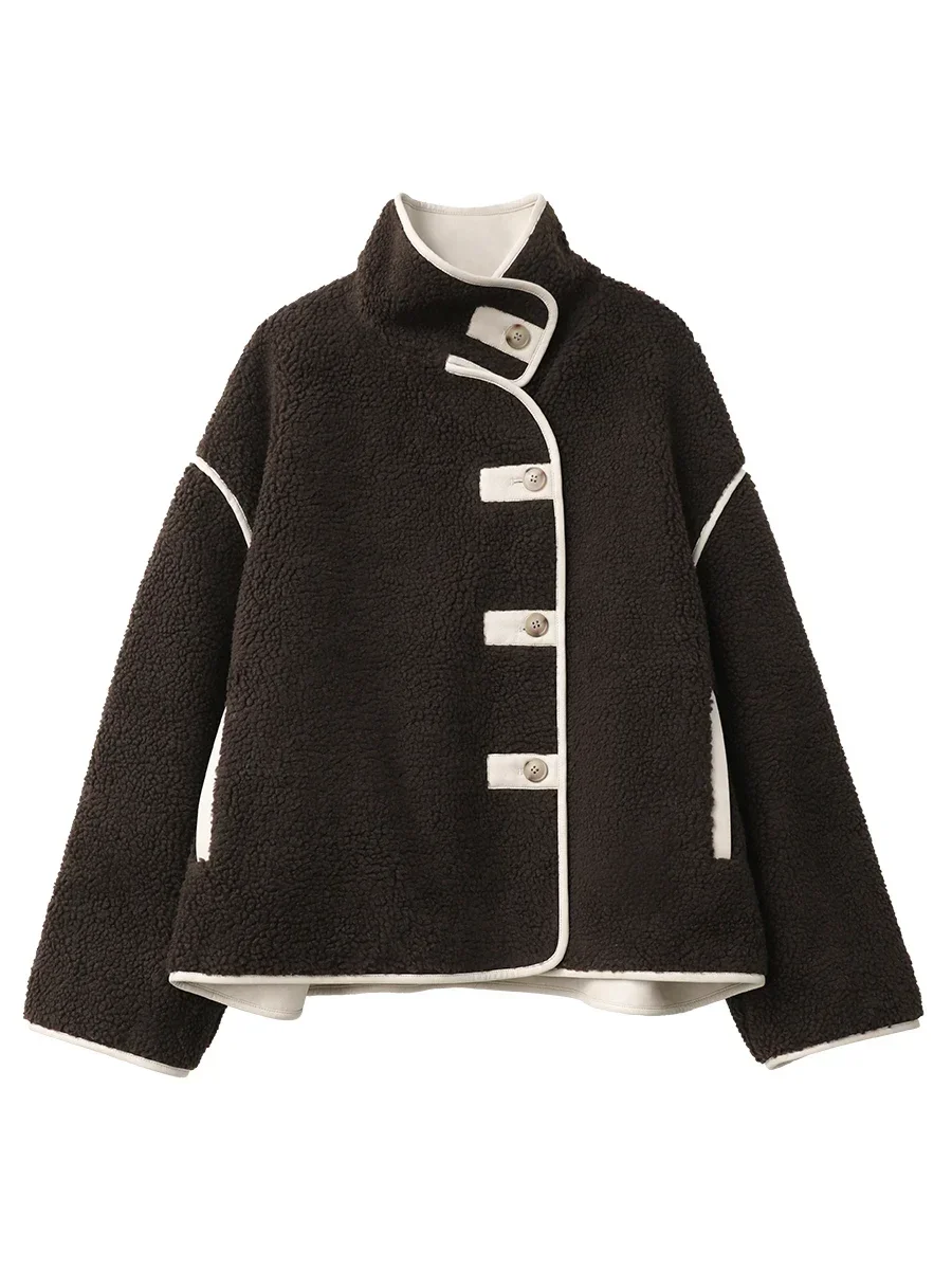 CHIC VEN Frauen Jacken Lose Beiläufige Reversible Nachahmung Lamm Weiblichen Mantel Kontrast Farbe Patchwork Mantel Herbst Winter 2024