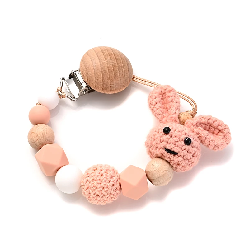 ไม้เด็ก Pacifier คลิปไม้โครเชต์กระต่าย Teething Soother สําหรับ BPA ฟรีพยาบาล Chew ของเล่นเด็ก Dummy ผู้ถือโซ่