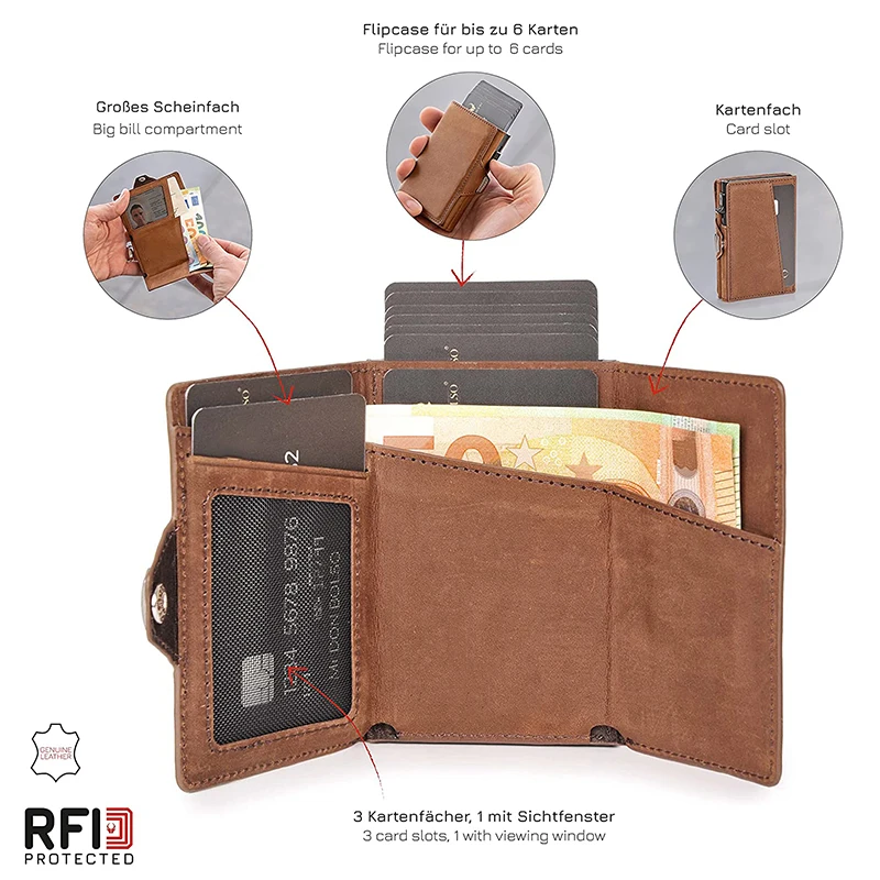 Pop-Up-Kreditkartenetui mit RFID-Schutz, Echtleder-Geldbörse mit Fach für Notizen und Münzen für Männer und Frauen