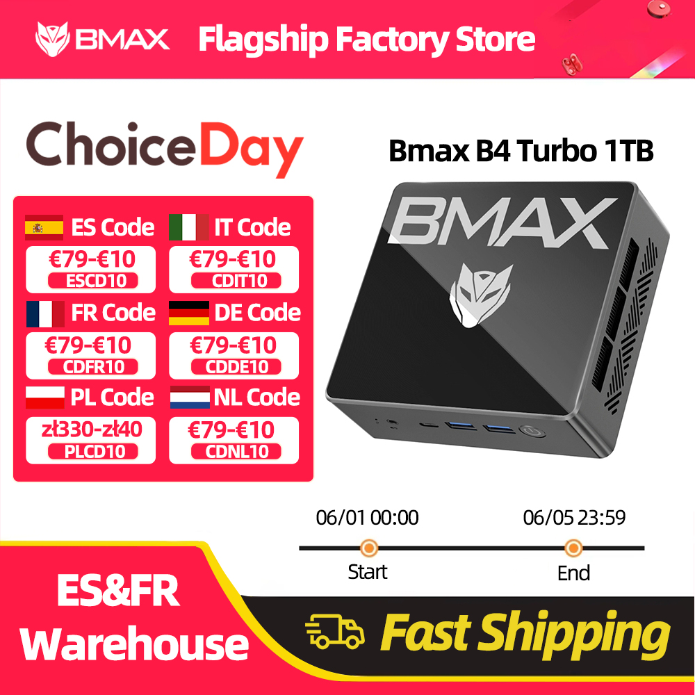 BMAX Turbo Mini PC com Intel N150, PC com Windows 11, 16GB, SSD 1TB, 2 * HDMI, 1 * Type-C, suporta 4K @ 60Hz, 1000MHz, gráficos Intel