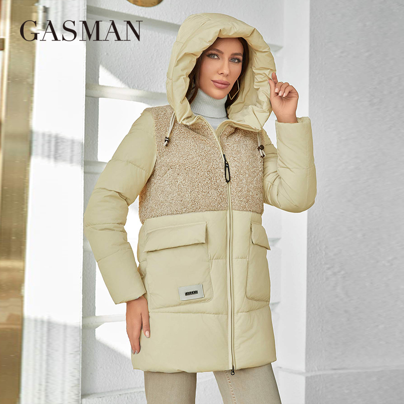 Gasman einfarbige Mode Damen Parka Mantel Stehkragen kurze Slim Fit lässige Kapuze warme Plüsch Daunen jacken