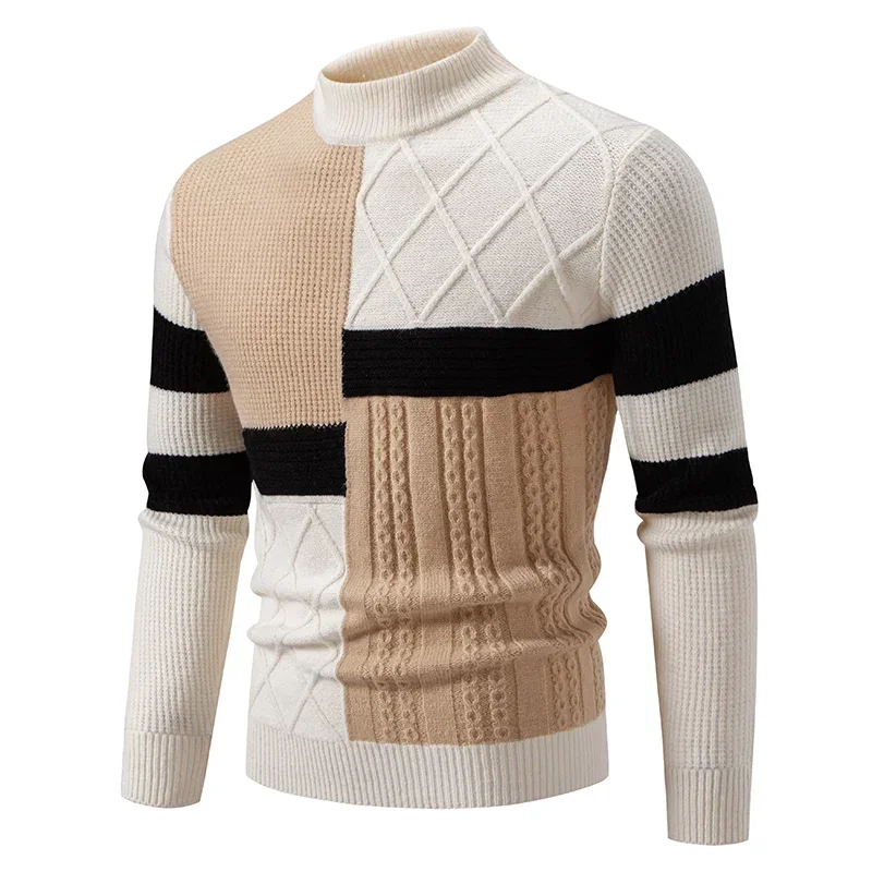 2025 High Quality Men's New Autumn and Winter Casual Warm Color Block Sweater Knit Tops Man Clothes