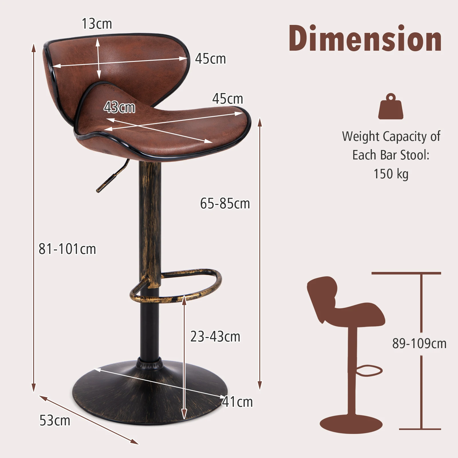 GOFLAME Height-adjustable Bar Stools Set of 2 Upholstered Bar Chair w/ Backrest