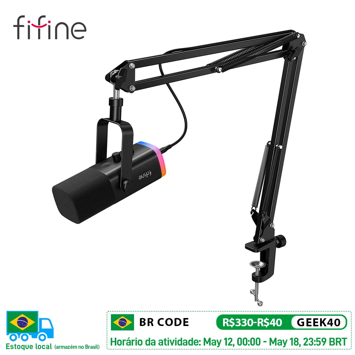 FIFINE Dynamic XLR Microphone Kit with Boom Arm for Mixer,Gaming USB Mic Set with RGB,Volume Control for PC PS5/4 AmpliGame AM8T