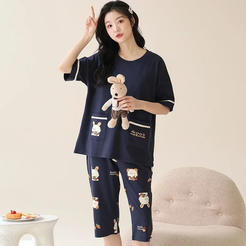 SUKAE-Conjunto de Pijamas para mujer, M-5XL de talla grande hasta la pantorrilla, ropa de dormir con cuello redondo, Pijamas informales cómodos Vintage de algodón para mujer