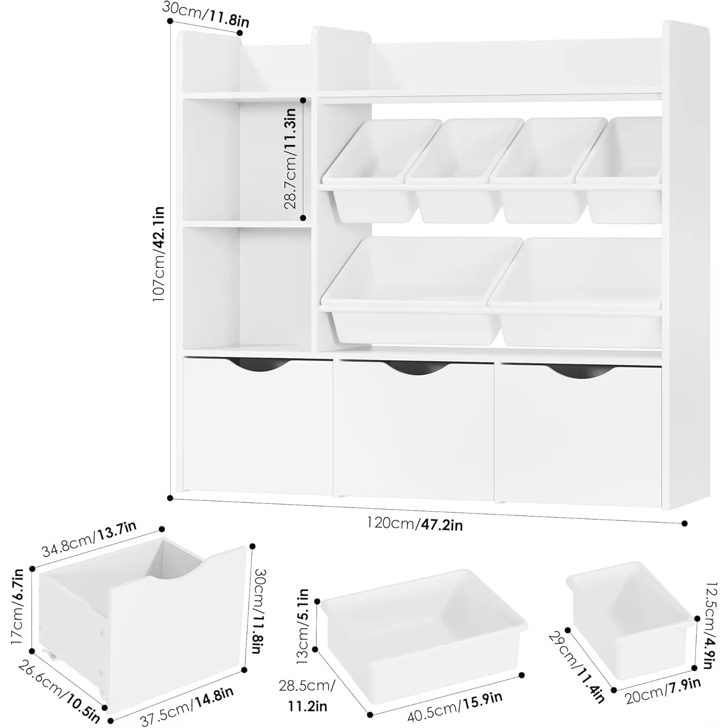 Toy Storage Organizer with 3 Drawers,Bookshelf and Bookcase with 6 Plastic Bins & 2 Storage Cubbies,Toy Storage Box for Playroom