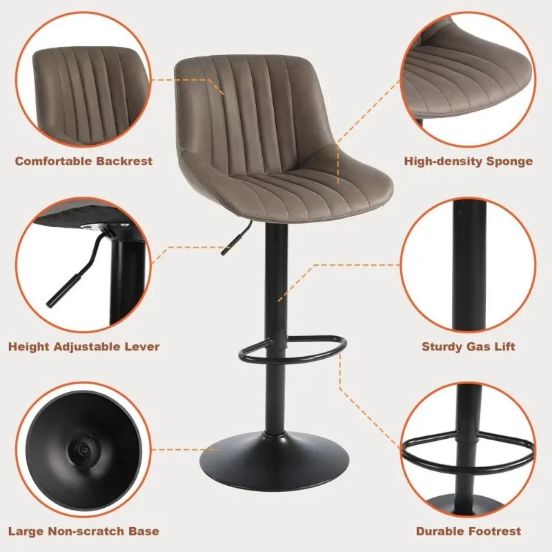 Bar Stools Set of 2, Swivel Counter Height Barstools with Back, Adjustable Faux PU Leather Bar Chairs,  Armless Kitchen Stool