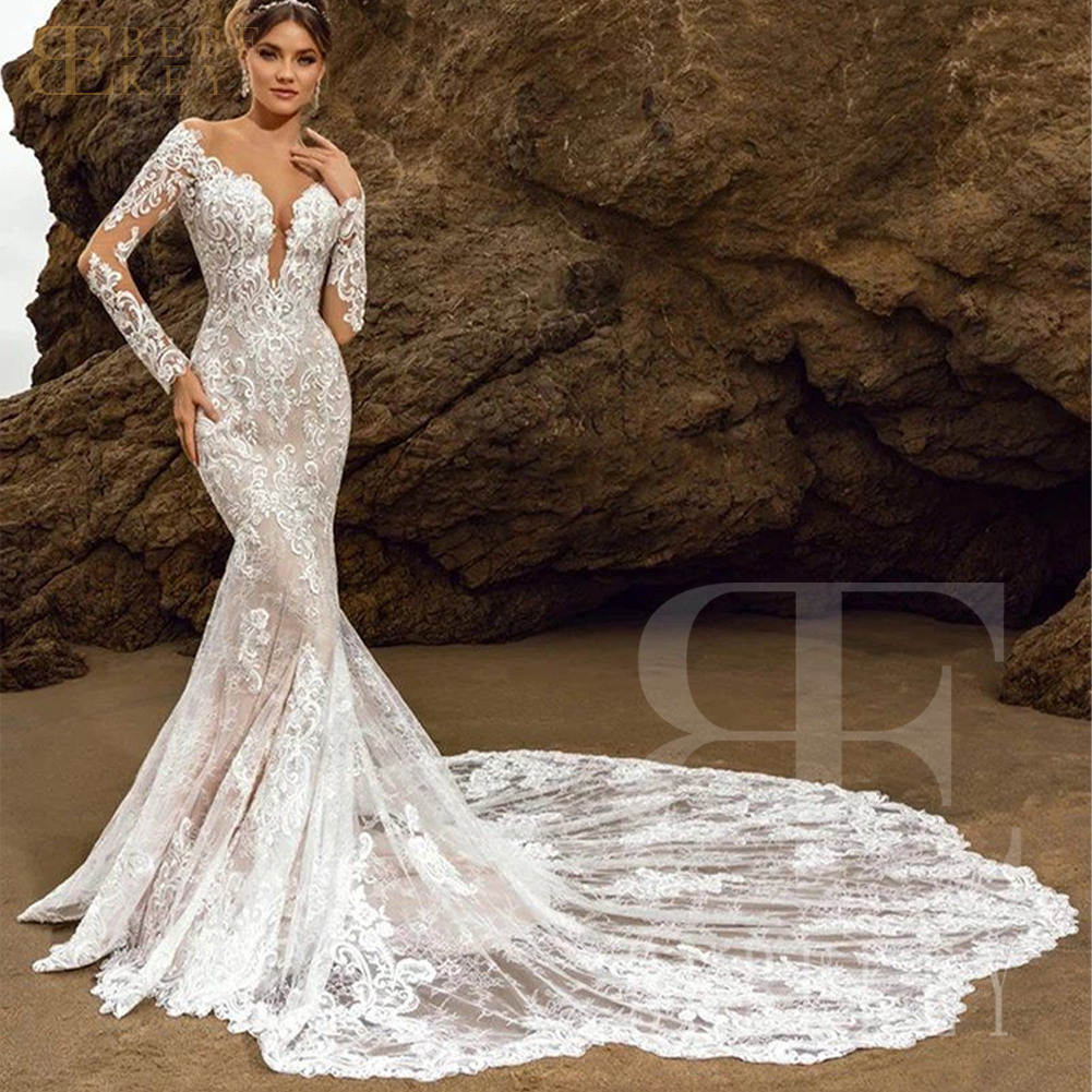 BEBEKEY Langarm-Brautkleid aus Spitze für Damen, U-Ausschnitt, Hochzeitskleid mit Kapellenschleppe, Meerjungfrau-Hochzeitskleid