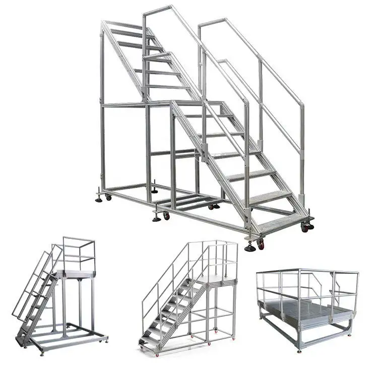 Plataforma móvil de aluminio Pasos Escalera Pasamanos Ruedas de cuatro ruedas Personalizable Almacén Seguridad Rodante Plataforma móvil OEM