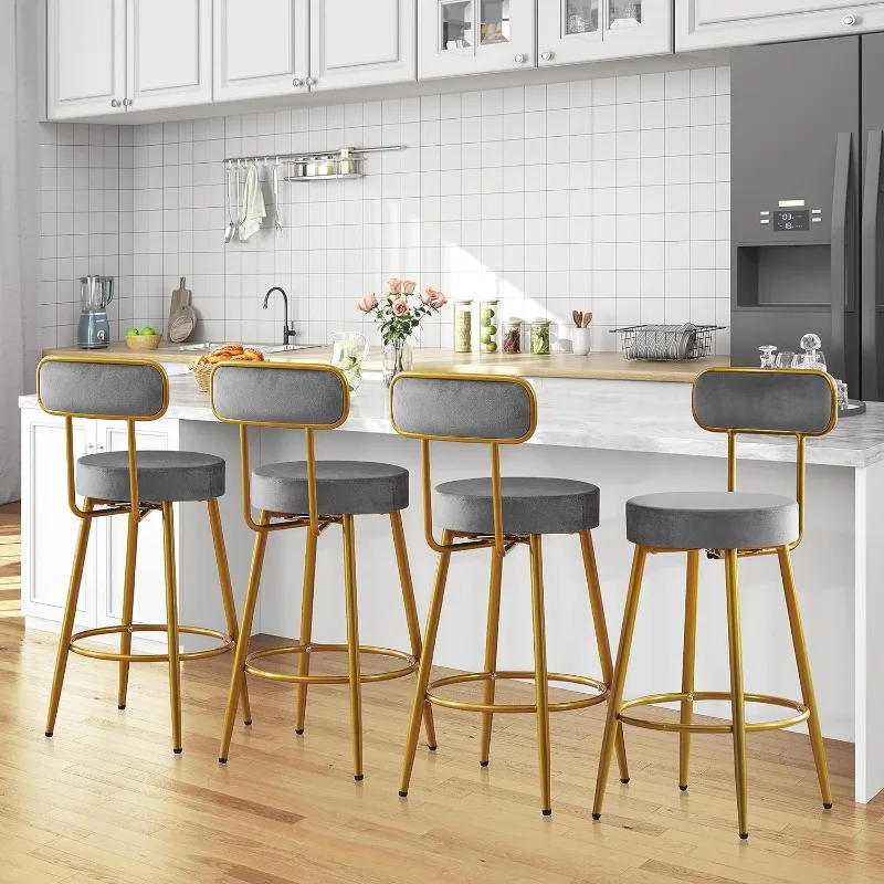 Velvet Bar Stools 26'' Counter Height Bar Stools Velvet Stools Modern Gold Barstools Upholstered Bar Height Stools, Set of 2