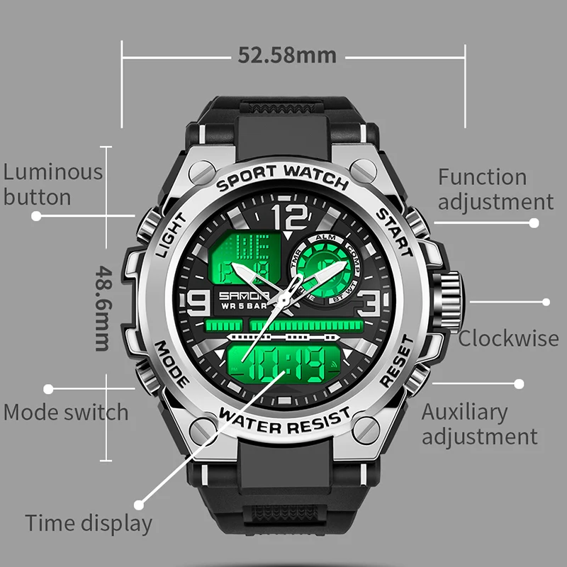 SANDA, relojes deportivos de lujo estilo G para hombre, reloj de cuarzo analógico militar, reloj Digital LED para hombre, reloj masculino resistente al agua hasta 50M