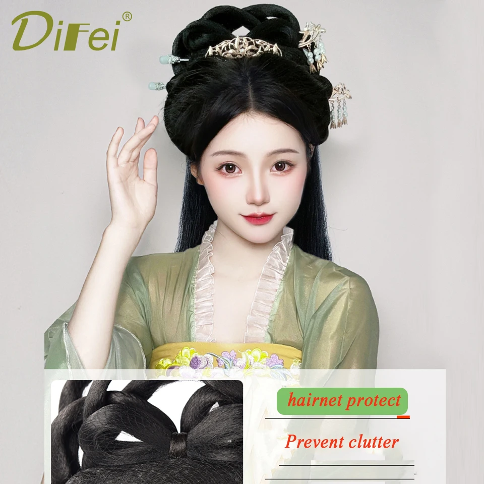 Bun sintético traje Hanfu, Classes chinesas Bun, Cabelo longo com meia cabeça Chignon, Peruca Headband