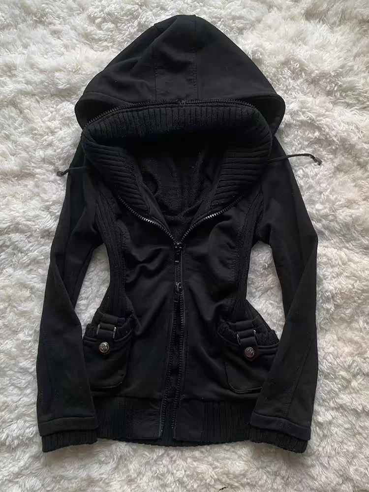 Sudadera con capucha informal para mujer, sudaderas góticas Retro, estilo Punk Hip Hop, cárdigan multifuncional de calle alta, nueva tendencia, color negro