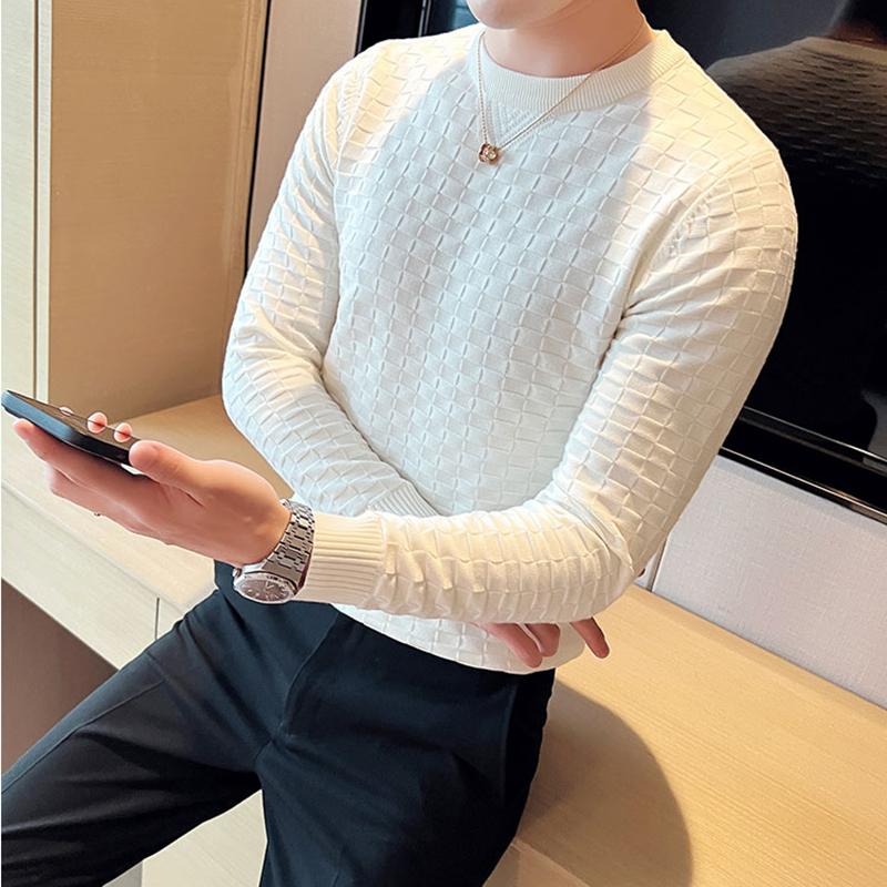 Outono inverno estiramento jacquard tecido o-pescoço camisola waffle masculina ajuste fino manga longa pullovers de malha casual streetwear homme
