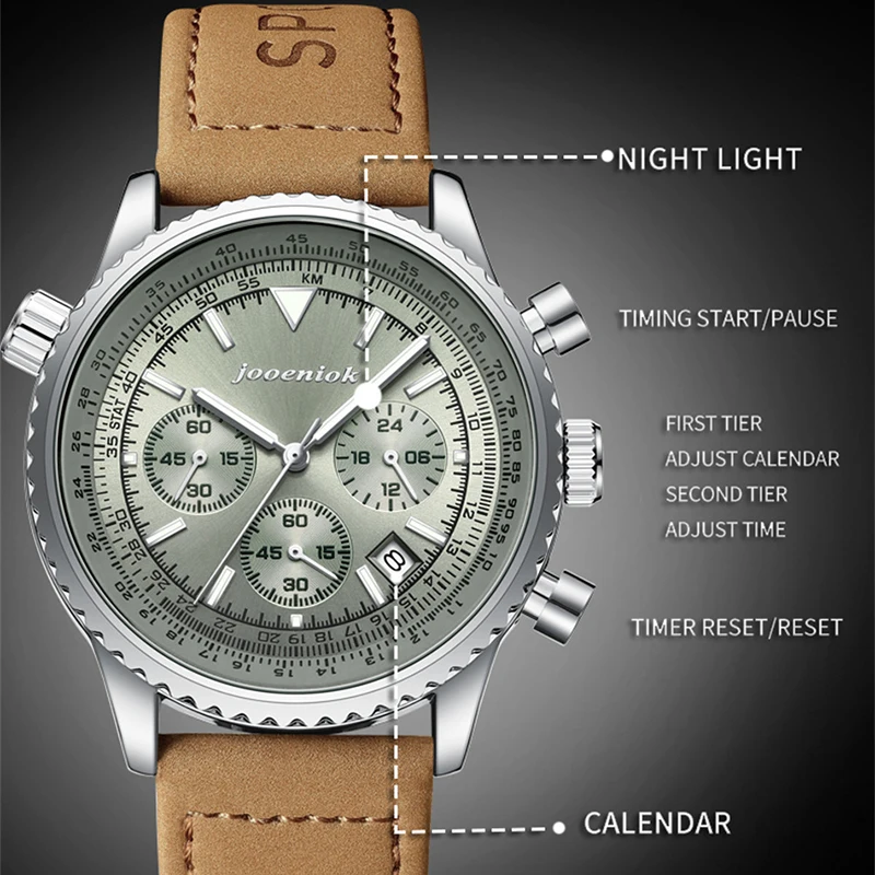 JOOENIOK Luksusowy Męski Zegarek Wodoodporny Świecący Kalendarz Chronograf Sportowy Męski Zegarek na Rękę Skórzany Męski Zegarek Kwarcowy Męski Reloj