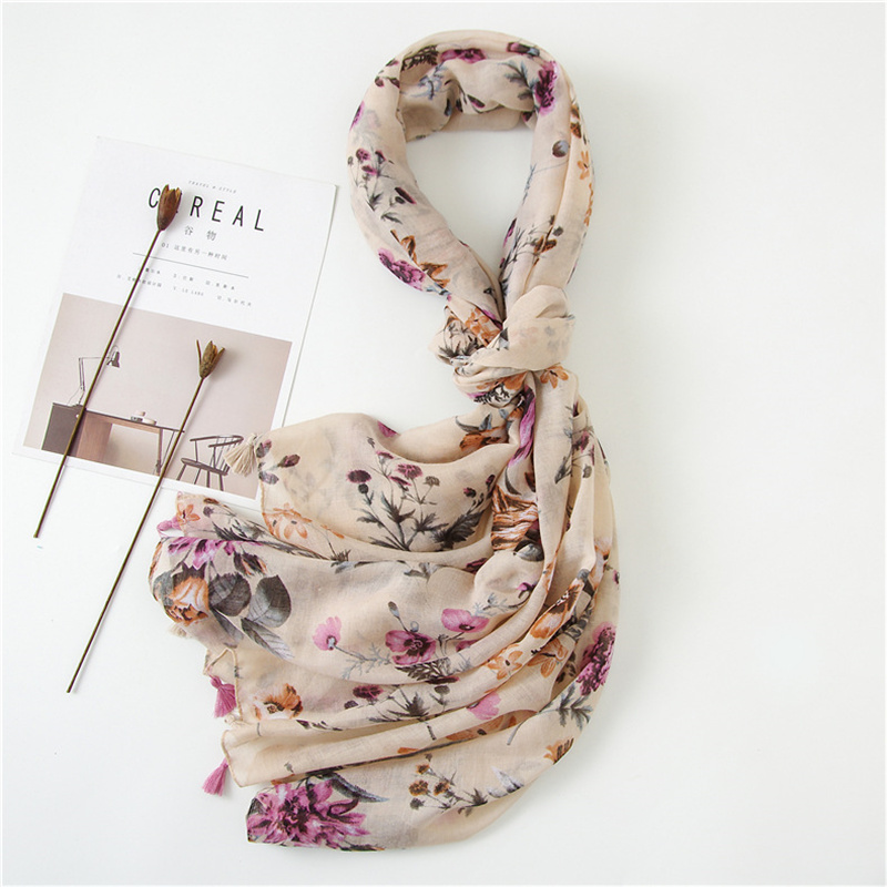 Mode Afdrukken Bloem Kwastje Sjaal Katoen Viscose Sjaal Vrouwen Strand Zonnebrandcrème Sjaal Moslim Hijab Wrap Hoofddoek 180*90 cm