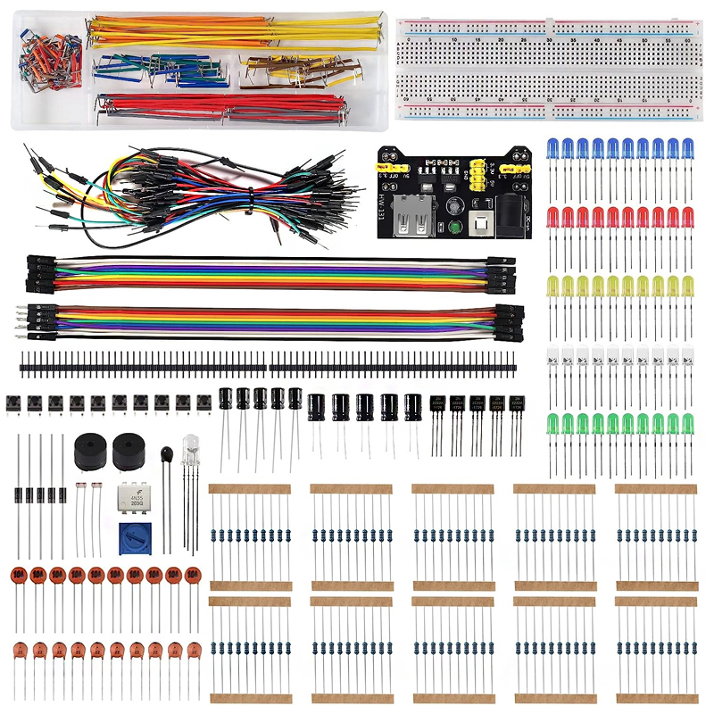 Kit surtido de componentes electrónicos DIY para Arduino, placa de pruebas de 830 puntos, LED, cables de puente, resistencias, condensadores