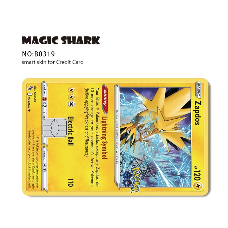Magic Shark Pokemon Card, Pikachu, Charizard, Mewtwo, película frontal, cubierta de piel, pegatina para tarjeta de crédito y débito, No se decolora