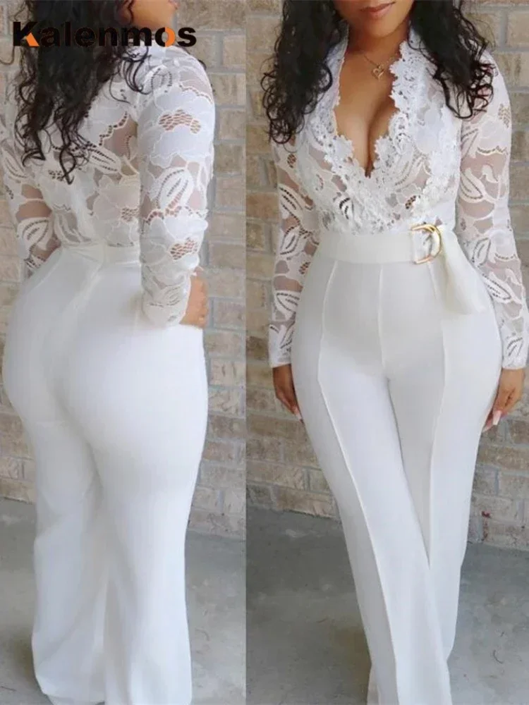 Weiß Overall Frauen Overalls Elegante Spitze Lange Einteilige Hohe Taille Feder Y2k Sexy Hochzeit Party Nacht Abend Strampler