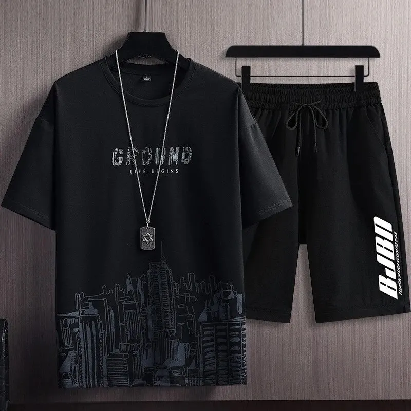 Kurzarm-T-Shirt-Set für Männer neu Sommer City Print Modetrend Slim-Fit Plus Size Sport zweiteiliges Set