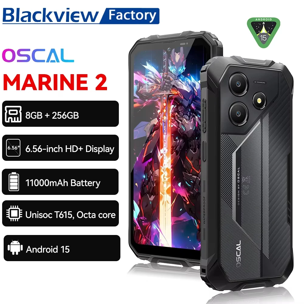 Blackview OSCAL Marine 2 러기드폰 8GB RAM 256GB 스마트폰 AI 11000mAh 배터리 6.56인치 HD+ 디스플레이 Unisoc T61 안드로이드 15 NFC