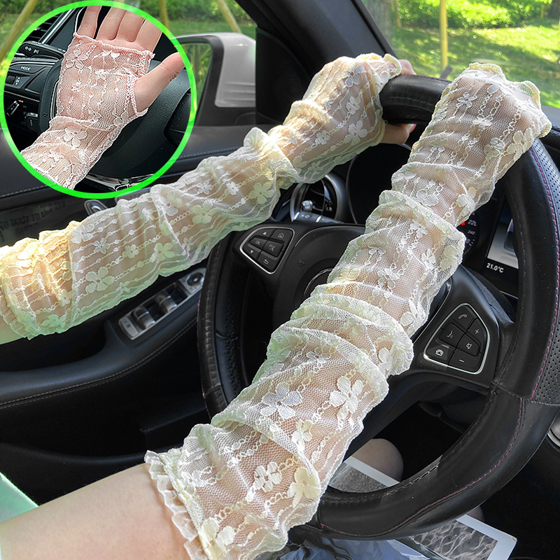 Guantes largos sin dedos de verano para mujer, mangas de protección solar, guantes de malla de encaje fino para mujer, manoplas transpirables con protección solar Uv