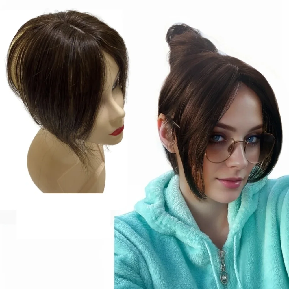 Doczepiany top z naturalnych ludzkich włosów o długości 25 cm dla kobiet, grzywka, przedziałek na środku, brazylijskie włosy, dodający objętości.