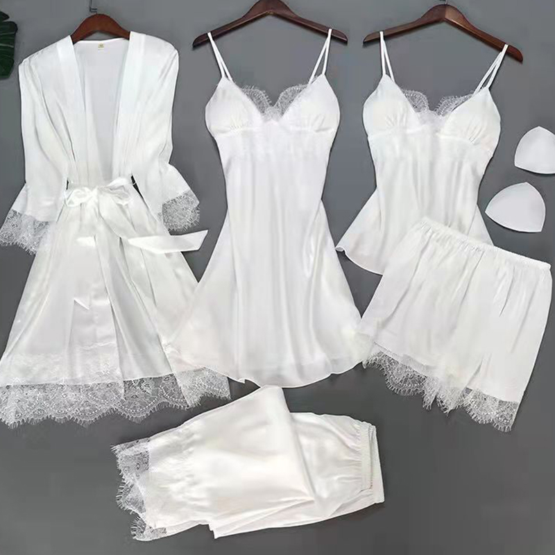Conjunto de pijama blanco de 5 uds para dormir, pijama de satén de encaje para mujer, Kimono, bata de baño, ropa de dormir holgada, ropa de dormir informal con cuello en V para el hogar