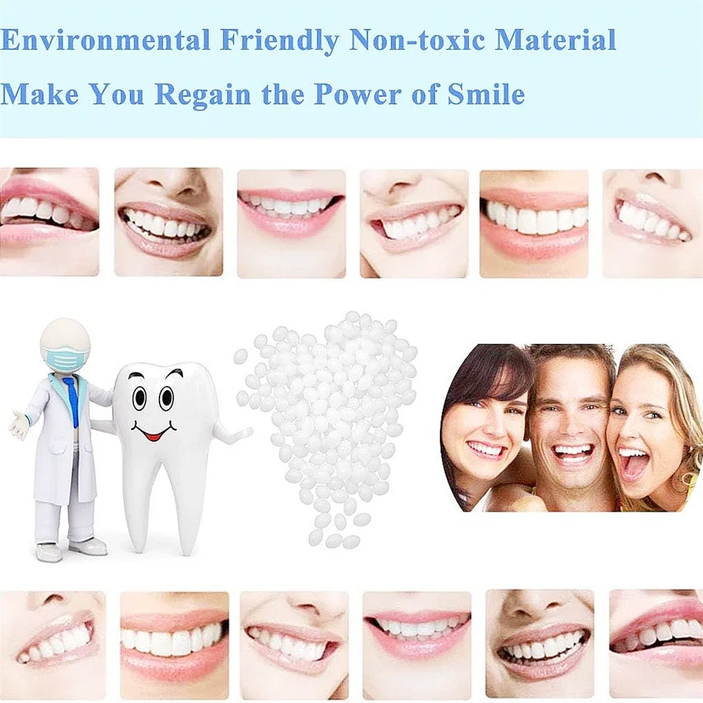 Gránulos de reparación temporal de dientes de resina, 50g, huecos de dientes faltantes, relleno de dientes rotos, dentaduras postizas adhesivas moldeables, herramientas para dientes postizos