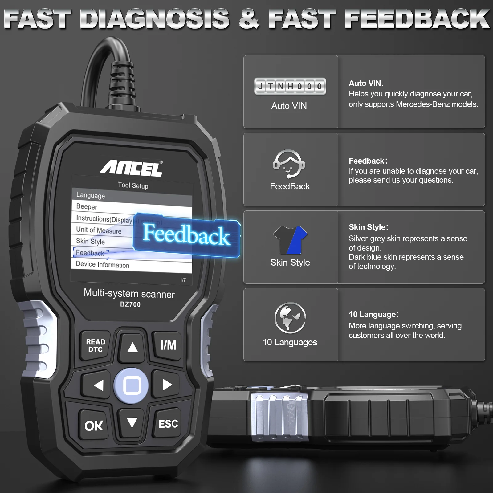 ANCEL BZ700 OBD2 Kfz-Scanner passend für Mercedes Benz Sprinter Smart, 9+ Reset Full System Car Code Reader Diagnosetool