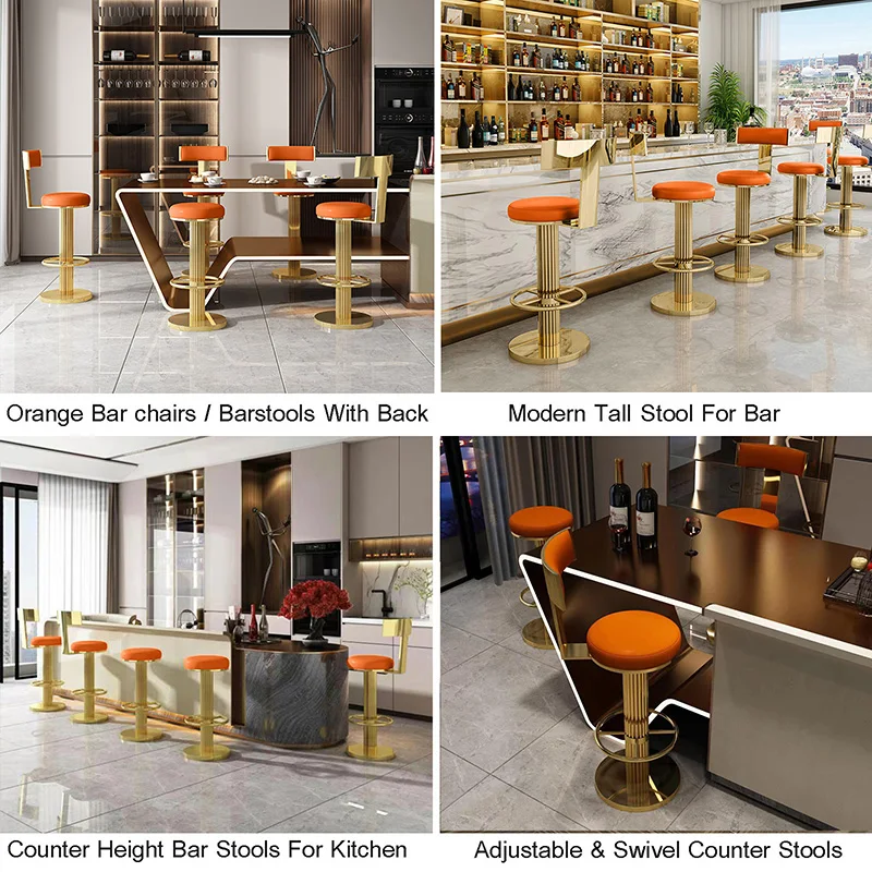 Counter Height Bar Stools with Back, Modern Adjustable Swivel Chair with Polished Stainless Steel Legs for Kitchen Counter