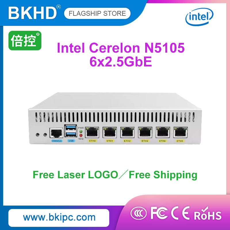 BKHD Pfsense 9 Zoll Weiß Mini PC 6 Lan N5105 Intel I225 2500Mbps Ethernet Chipset Linux Ubuntu OEM ODM computer Logo Laser