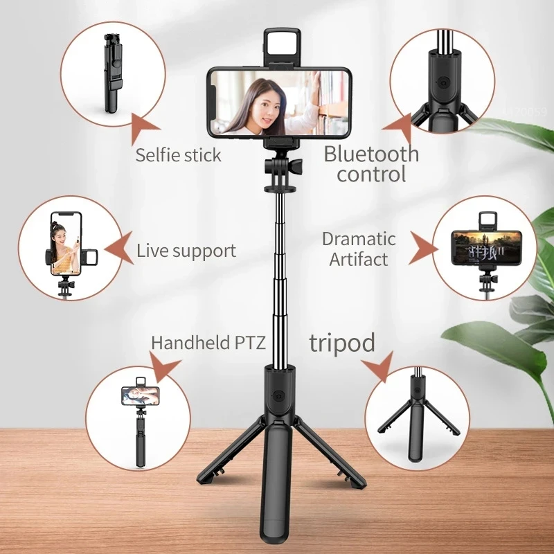 Mini selfie stick wireless Bluetooth con treppiede monopiede otturatore remoto con luce di riempimento per supporto per telefono iPhone Samsung Xiaomi