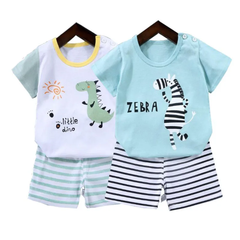 1-6 anni Bambini T-shirt estive + Pantaloncini a righe Set di vestiti in 2 pezzi Pigiama Biancheria intima di cotone Cartoon Zebra Dinosauro Stampa Sleepwear Suit